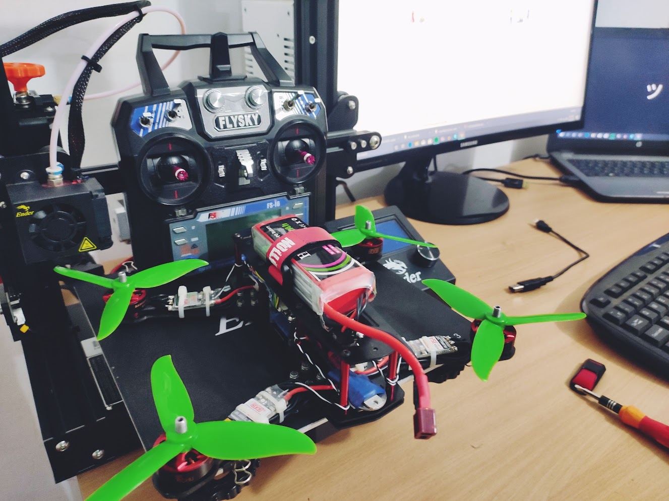 Racing drone on a workbench